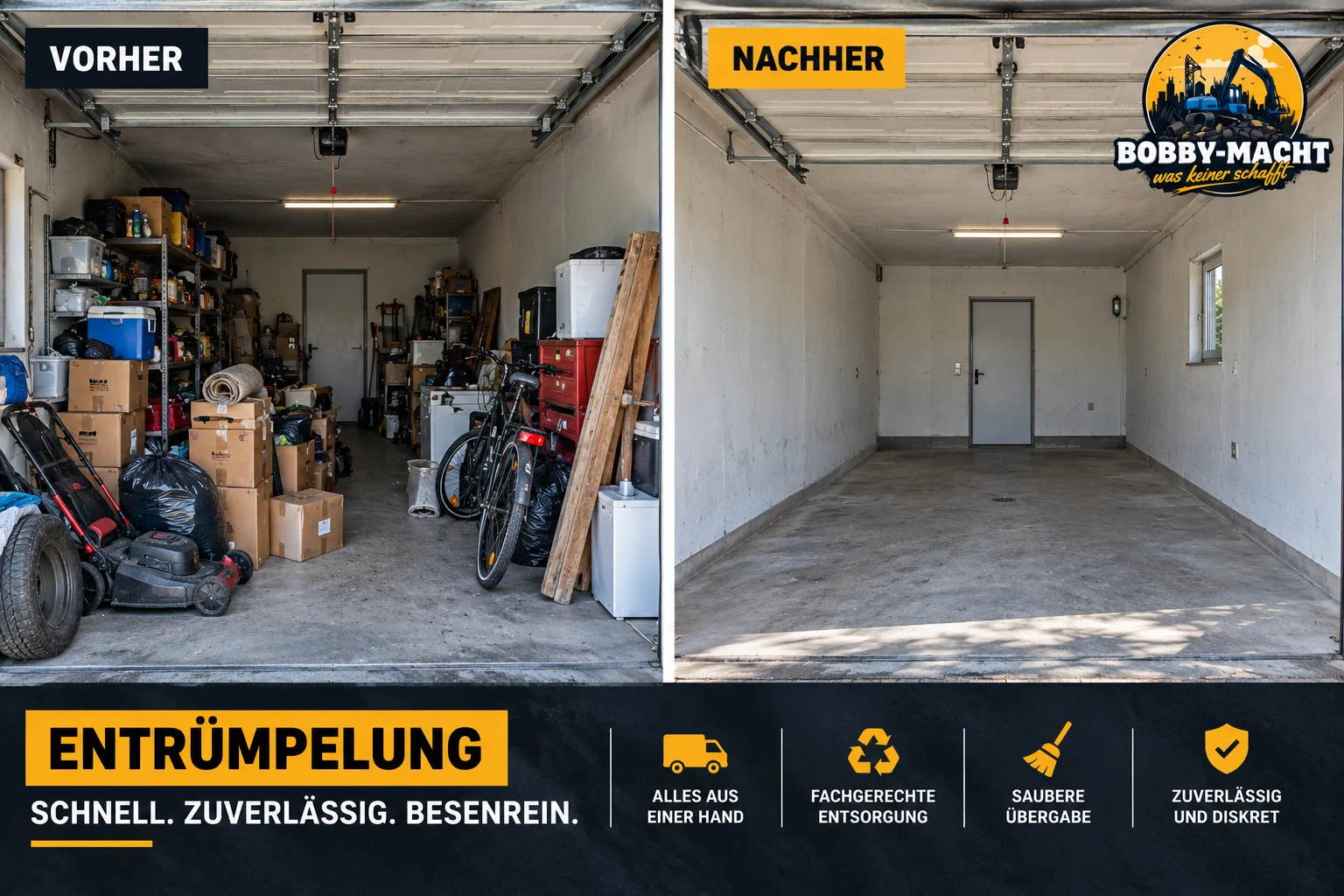 Entrümpelung einer Garage, vorher und nachher