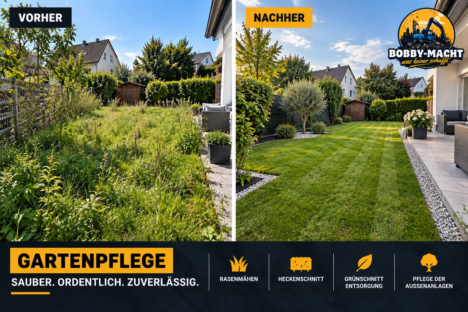 Gartenpflege eines Grundstücks, vorher und nachher